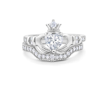 Two Piece Claddagh Ring Band Heart Cubic Zirconia 925 Sterling Silver